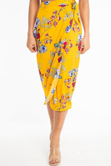 Mustard Floral Wrap Tie Side Midi Skirt - Mailah