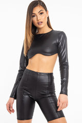 Black Coated Long Sleeve Moulded Crop Top - Indie