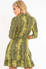 Yellow Snake Print Wrap Tie Front Skater Dress - Eldana