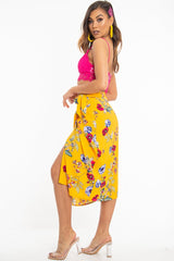 Mustard Floral Wrap Tie Side Midi Skirt - Mailah