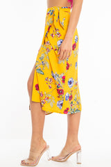 Mustard Floral Wrap Tie Side Midi Skirt - Mailah
