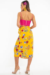 Mustard Floral Wrap Tie Side Midi Skirt - Mailah