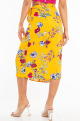 Mustard Floral Wrap Tie Side Midi Skirt - Mailah