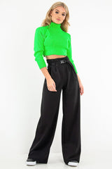 Neon Green Rib Roll Neck Crop Jumper - Hayvin
