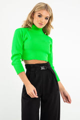 Neon Green Rib Roll Neck Crop Jumper - Hayvin