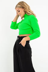 Neon Green Rib Roll Neck Crop Jumper - Hayvin