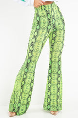 Neon Green Snake Print Flared Trousers - Mianna