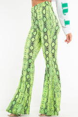 Neon Green Snake Print Flared Trousers - Mianna