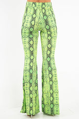 Neon Green Snake Print Flared Trousers - Mianna