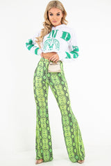 Neon Green Snake Print Flared Trousers - Mianna