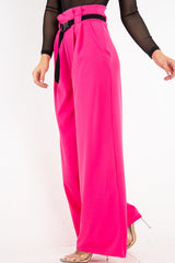 Fuchsia High Waist Paper Bag Buckle Belt Trousers - Ivyonna