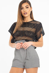 Black Round Neck Crochet Crop Top - Lucindy