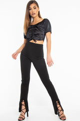 Black Satin Ruched Front Puff Sleeve Crop Top - Selina