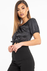 Black Satin Ruched Front Puff Sleeve Crop Top - Selina
