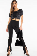 Black Satin Ruched Front Puff Sleeve Crop Top - Selina