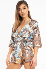 Blue Satin Mix Print Plunge Belted Playsuit - Violet