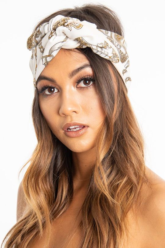 White Nude Chain Print Wired Head Scarf - Aella