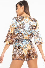 Blue Satin Mix Print Plunge Belted Playsuit - Violet
