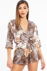 Nude Satin Mix Print Plunge Belted Playsuit - Violet