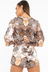 Nude Satin Mix Print Plunge Belted Playsuit - Violet