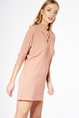 Pink Ribbed Choker Cross Strap Mini Dress - Meghann