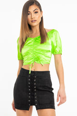 Neon Green Satin Ruched Front Puff Sleeve Crop Top - Selina