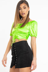 Neon Green Satin Ruched Front Puff Sleeve Crop Top - Selina