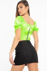 Neon Green Satin Ruched Front Puff Sleeve Crop Top - Selina
