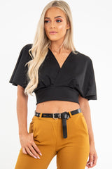 Black Plunge Tie Back Blouse Crop Top - Bryelle