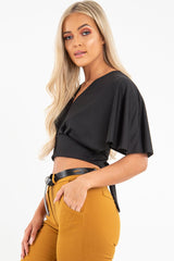 Black Plunge Tie Back Blouse Crop Top - Bryelle