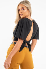 Black Plunge Tie Back Blouse Crop Top - Bryelle