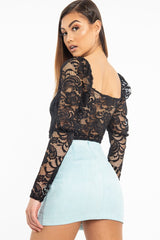 Black Lace Long Sleeve Puff Sleeve Crop Top - Gwynn