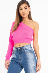 Pink Knitted One Shoulder Jumper - Jayleah