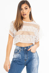 White Round Neck Crochet Crop Top - Lucindy