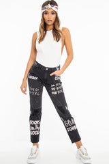 Washed Black Slogan Ripped Knee Mom Jeans - Carla
