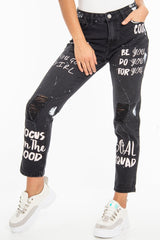 Washed Black Slogan Ripped Knee Mom Jeans - Carla