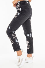 Washed Black Slogan Ripped Knee Mom Jeans - Carla