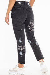 Washed Black Slogan Ripped Knee Mom Jeans - Carla