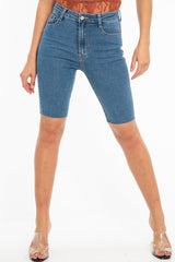 Mid Wash Raw Hem Longline Cycle Denim Shorts - Reanna