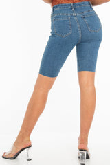 Mid Wash Raw Hem Longline Cycle Denim Shorts - Reanna