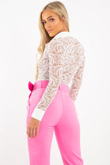 White Sheer Lace Plunge Long Sleeve Bodysuit - Janica