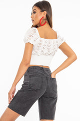 White Floral Broderie Lace Button Front Crop Top - Lydia