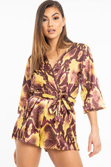 Mustard Snake Satin Plunge Belted Playsuit - Violet