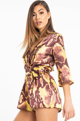 Mustard Snake Satin Plunge Belted Playsuit - Violet