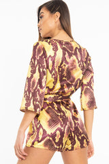 Mustard Snake Satin Plunge Belted Playsuit - Violet