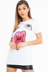 White Eyes Lips Print T-Shirt - Ayva