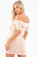 Nude Slinky Ruched Bardot Mini Dress - Sicily