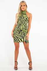 Lime Tiger Print Scuba High Neck Mini Dress - Ellisa