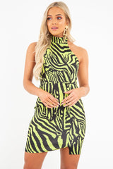 Lime Tiger Print Scuba High Neck Mini Dress - Ellisa