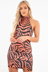 Rust Tiger Print Scuba High Neck Mini Dress - Ellisa